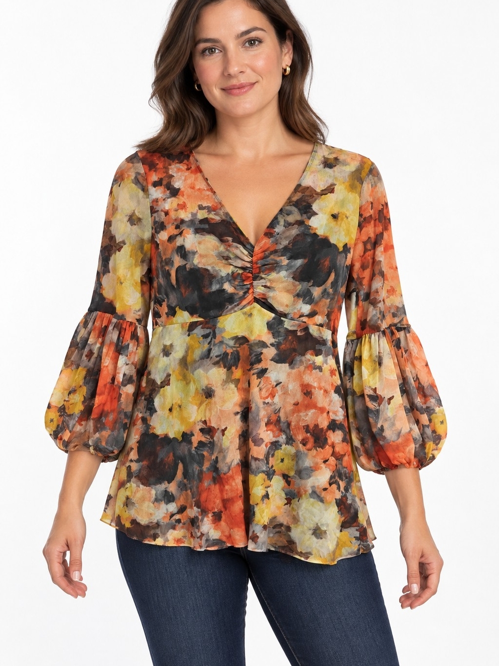 Peasant Watercolor Floral Ruched V-Neck Blouse Boho Balloon Sleeve Top Large